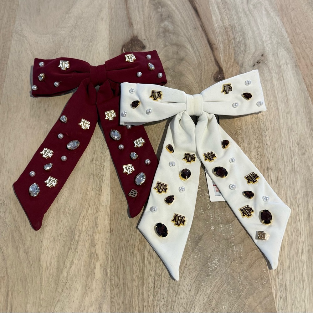 Pair of Texas A&M Brianna Cannon Bows with Barrette in Maroon and White